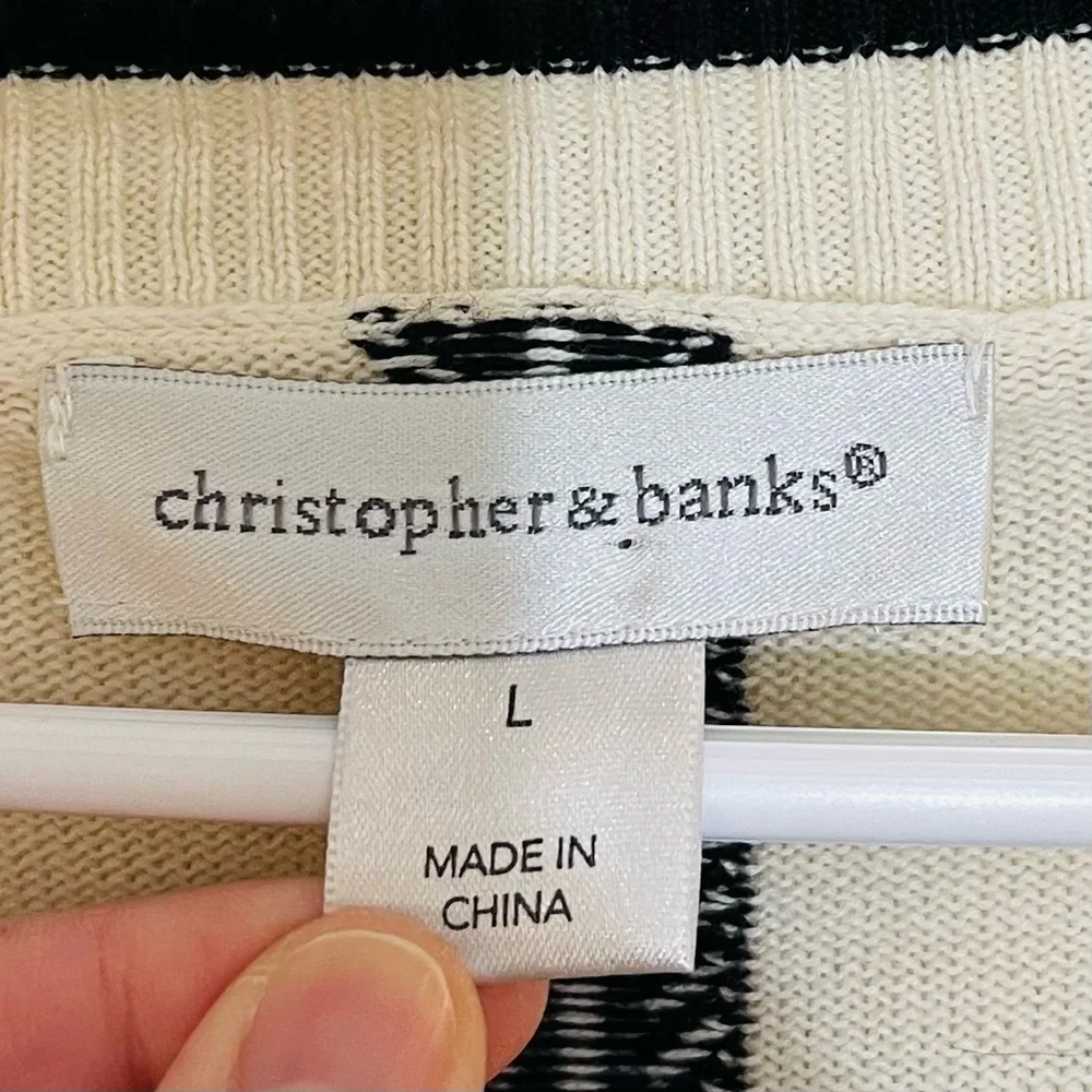 Christopher & Banks Windowpane Grid V-Neck Long Sleeve Sweater L Black/White